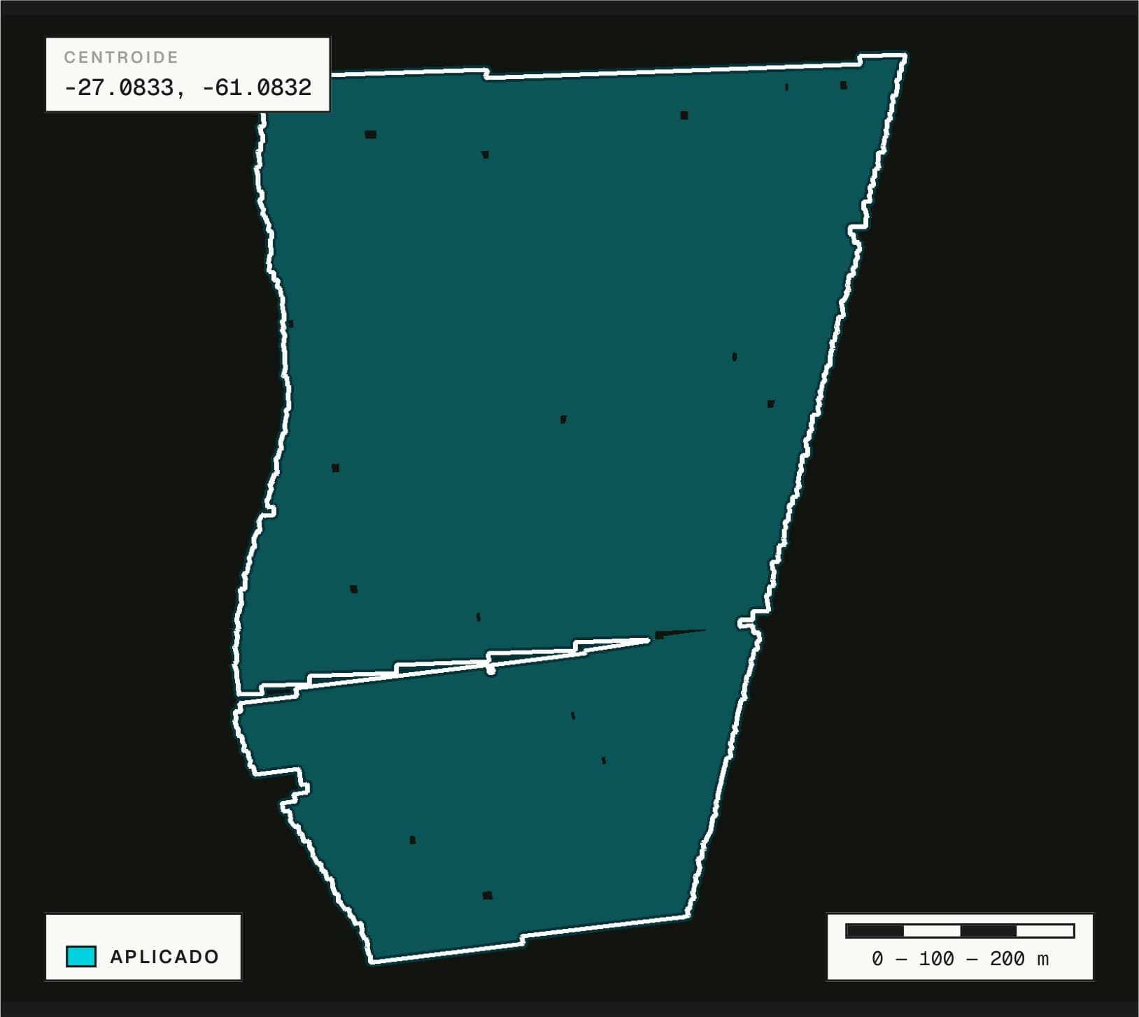 Mapa de cobertura do relatório para o cliente: o polígono aplicado em verde, com a porcentagem de cobertura e a legenda aplicado / sem aplicação