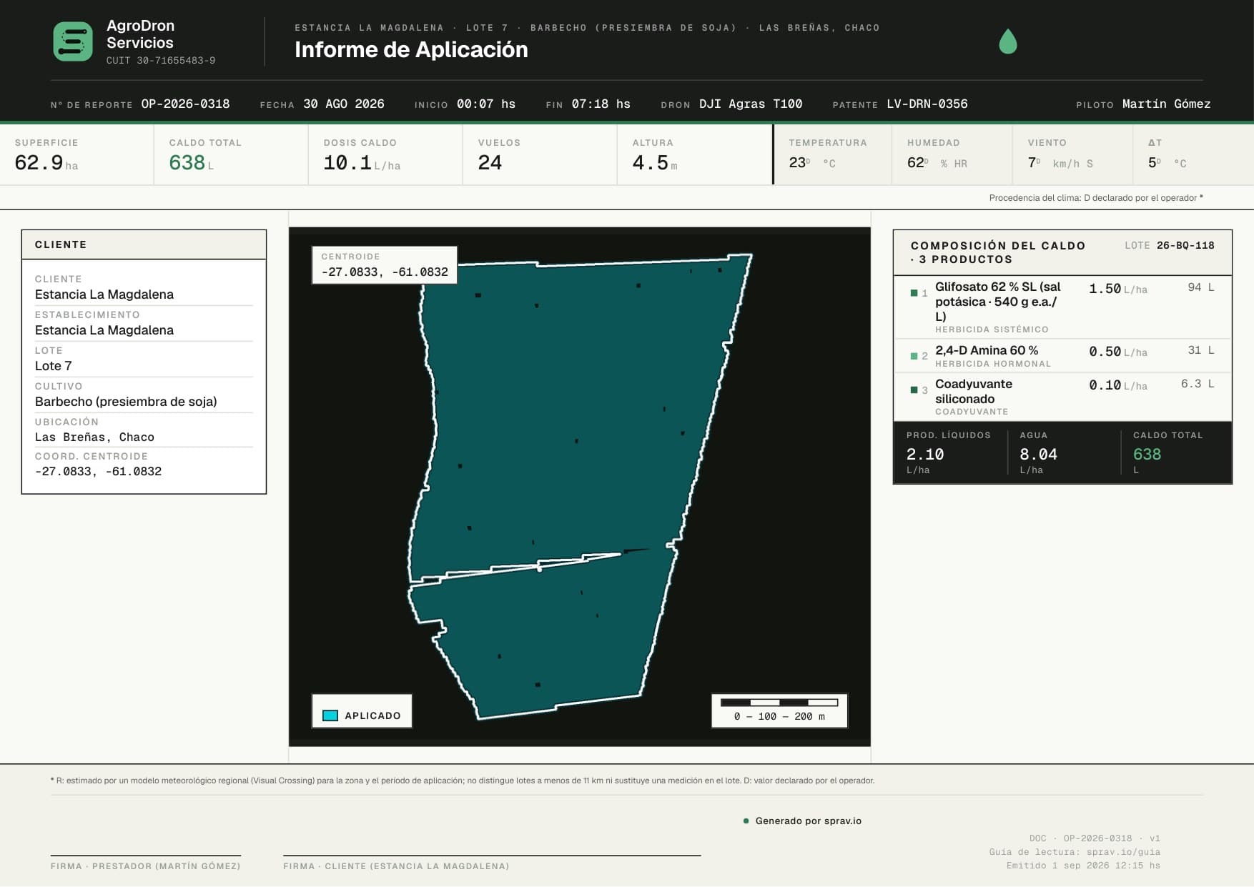 Relatório de exemplo para o cliente: 1 página com indicadores, mapa de cobertura e composição da calda