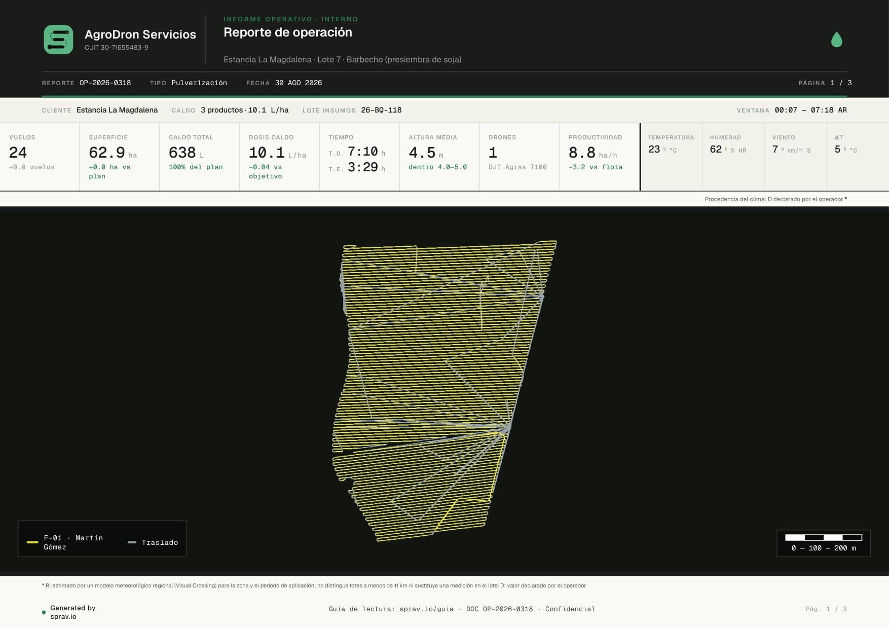 Página 1 do relatório técnico: indicadores operacionais e mapa dos trajetos de voo